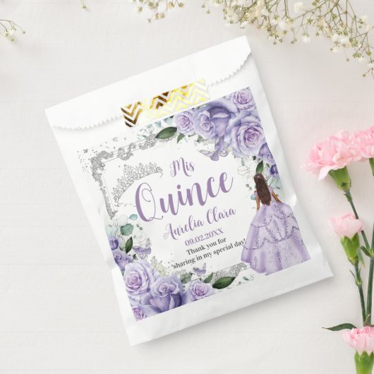 Paarse Floral Princess Silver Quinceañera 16 15 Bedankzakje (Gezegeld)