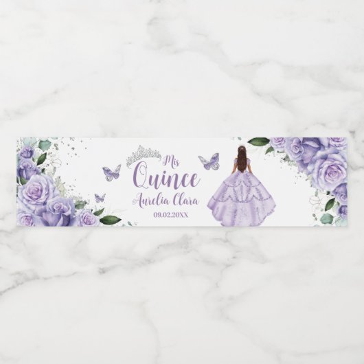Paarse Floral Princess Silver Quinceañera 16 15 Waterfles Etiket (Enkel label)