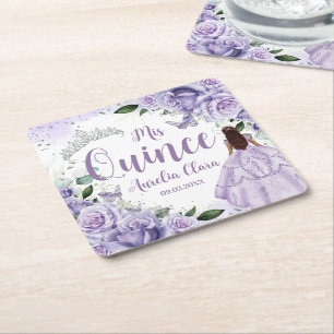 Paarse Floral Princess Silver Quinceañera XV 16 Kartonnen Onderzetters