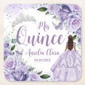 Paarse Floral Princess Silver Quinceañera XV 16 Kartonnen Onderzetters (Voorkant)