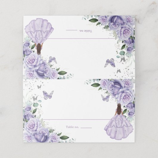 Paarse Floral Princess Silver Quinceañera XV 16 Plaatskaartje (Buitenkant ongevouwen)