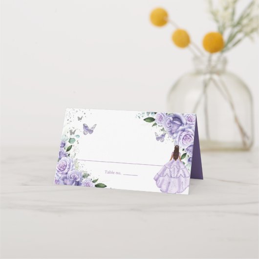 Paarse Floral Princess Silver Quinceañera XV 16 Plaatskaartje (Voorkant)