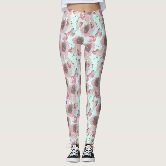 Paarse Floral Print Blue Leggings (Voorkant)