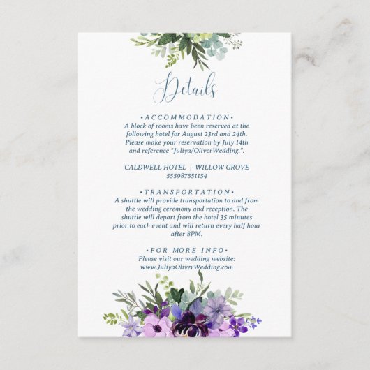 Paarse Floral QR code bruiloft Informatiekaartje (Voorkant)