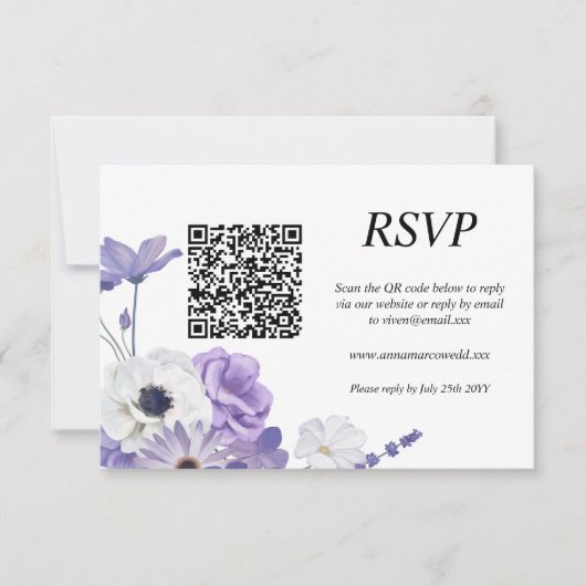 Paarse Floral QR Code RSVP Card (Voorkant)