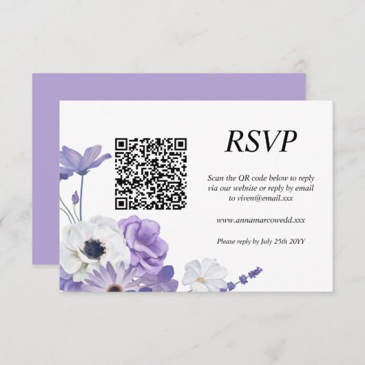 Paarse Floral QR Code RSVP Card (Voorkant / Achterkant)