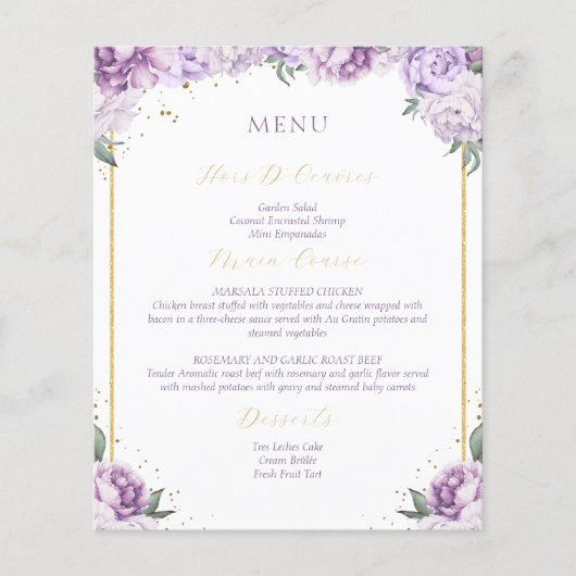 Paarse Floral Quinceañera Budgetvriendelijk Menu (Voorkant)