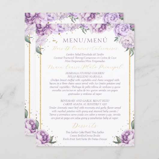 Paarse Floral Quinceañera Budgetvriendelijk Menu (Voorkant / Achterkant)