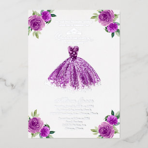 Paarse Floral Quinceanera Folie Uitnodiging