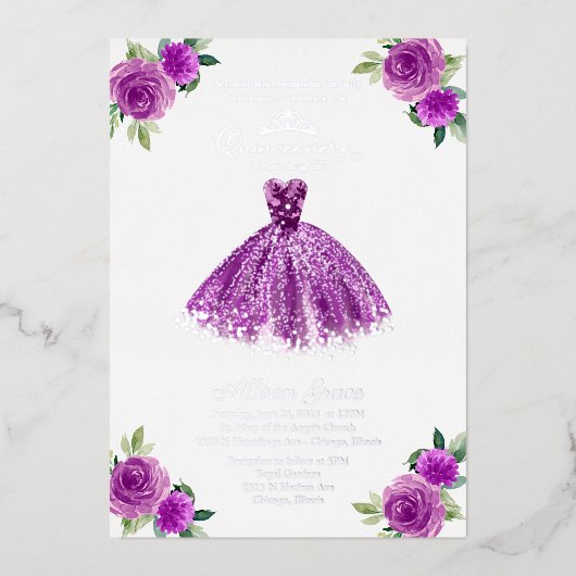 Paarse Floral Quinceanera Folie Uitnodiging (Voorkant)