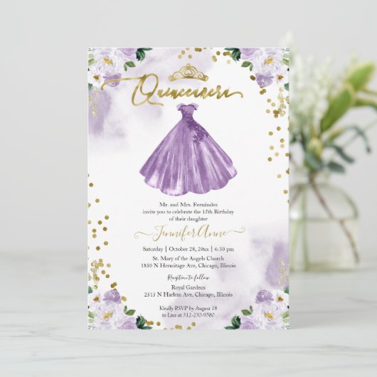 Paarse Floral Quinceanera Kaart (Staand voorkant)