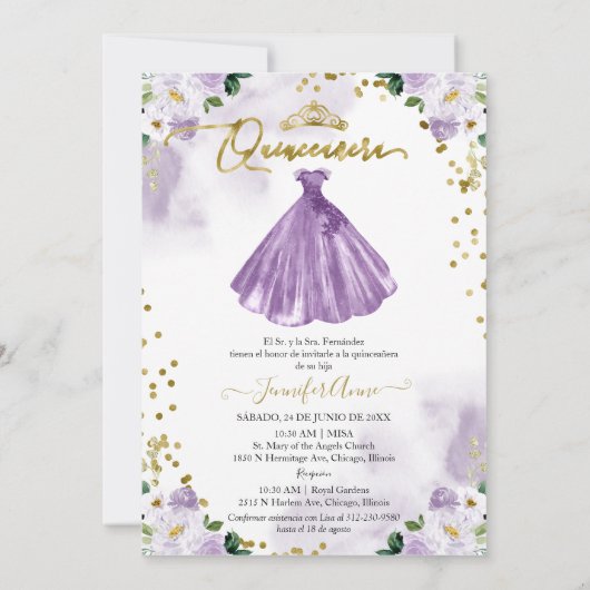 Paarse Floral Quinceanera Kaart (Achterkant)