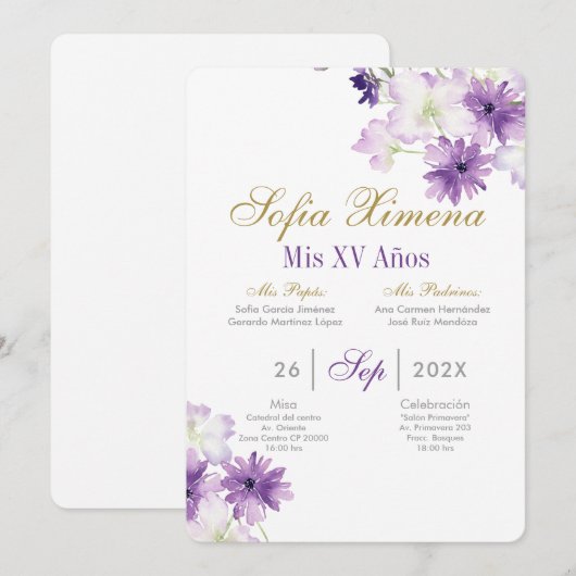 Paarse Floral Quinceanera Kaart (Voorkant / Achterkant)