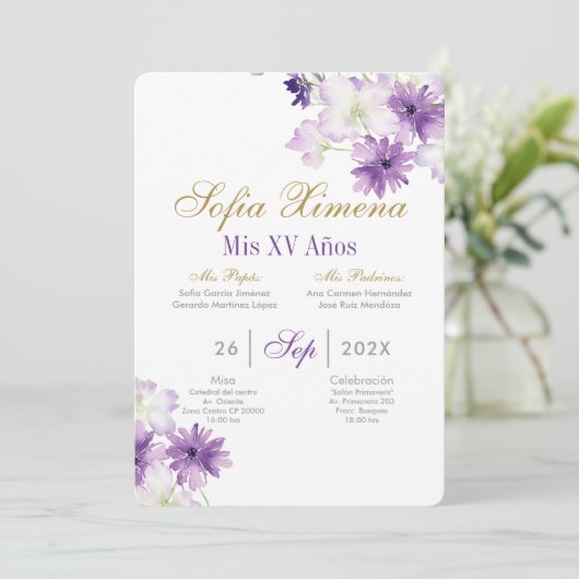 Paarse Floral Quinceanera Kaart (Staand voorkant)