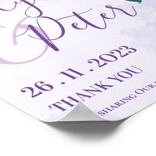 Paarse Floral Romantic Cute welkom op ons huwelijk Poster (Hoek)