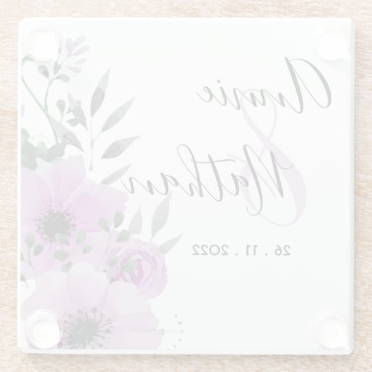  Paarse Floral Romantic Script Weddenschap Glazen Onderzetter (Achterkant)