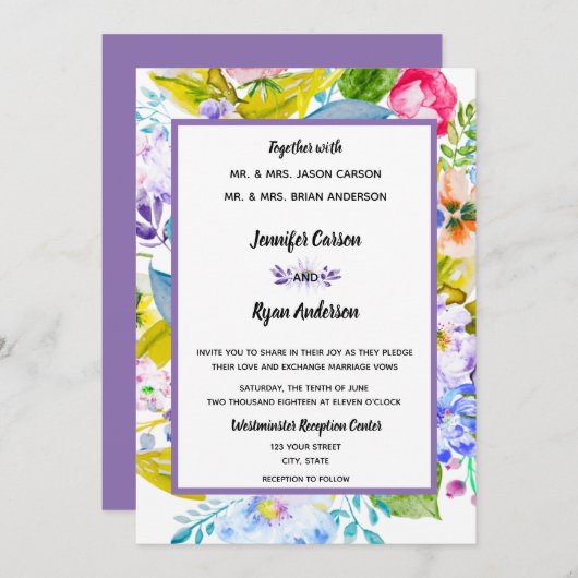 Paarse Floral Romantische bruiloft uitnodiging (Voorkant / Achterkant)