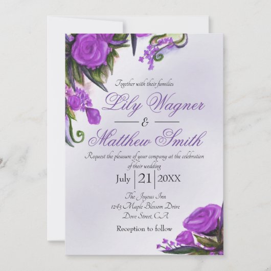 Paarse Floral Roos Greenery Wedding Uitnodiging (Voorkant)