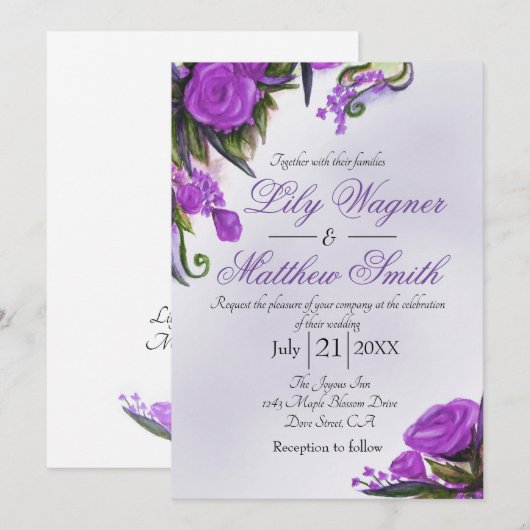 Paarse Floral Roos Greenery Wedding Uitnodiging (Voorkant / Achterkant)