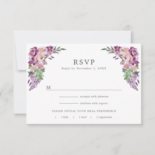 Paarse Floral RSVP Kaartje (Voorkant)