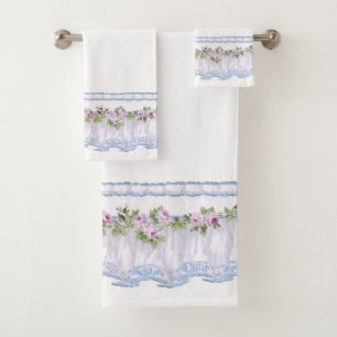 Paarse Floral Ruffled Border Bad Handdoek