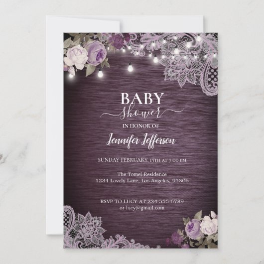Paarse Floral Rustic Baby shower Uitnodiging (Voorkant)