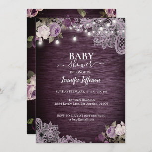 Paarse Floral Rustic Baby shower Uitnodiging