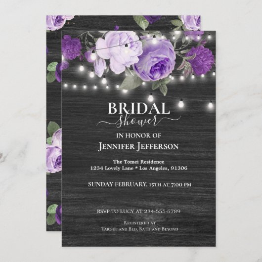 Paarse Floral Rustic Bridal Shower Kaart (Voorkant / Achterkant)