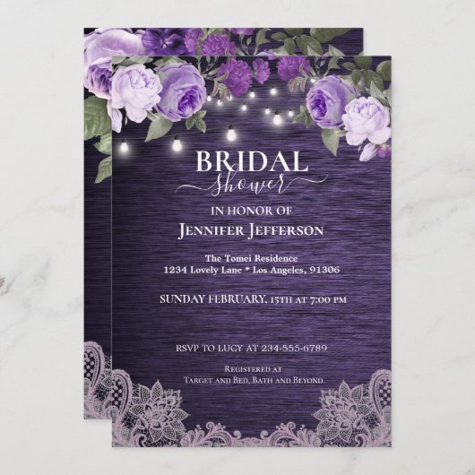 Paarse Floral Rustic Bridal Shower Kaart (Voorkant / Achterkant)