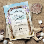 Paarse Floral Rustic Driftwood Beach Arbor Weddens Save The Date<br><div class="desc">Deze mooie opslagkaart is de prefect van een bestemmings bruiloft. Het is voorzien van een typografisch ontwerp met lacy scriptkalligrafie in een waterverf driftwood strandbuur,  voorzien van lavender paarse en witte bloemen. Er is ruimte voor je namen,  de datum en de trouwlocatie.</div>
