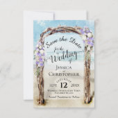 Paarse Floral Rustic Driftwood Beach Arbor Weddens Save The Date (Voorkant)