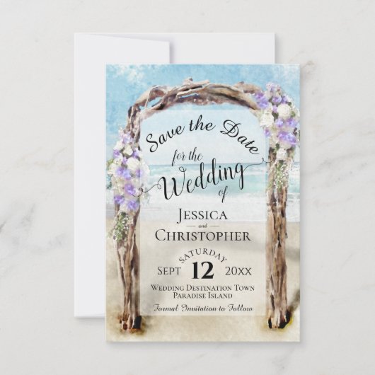 Paarse Floral Rustic Driftwood Beach Arbor Weddens Save The Date (Voorkant)