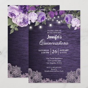Paarse Floral Rustic Quinceanera Uitnodiging