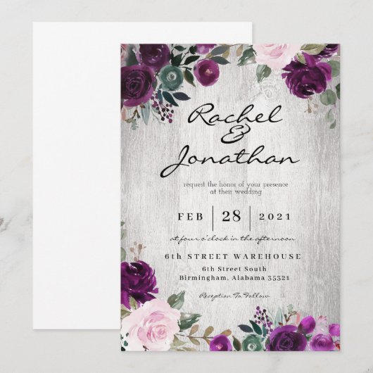 Paarse Floral Rustic Wedding Kaart (Voorkant / Achterkant)