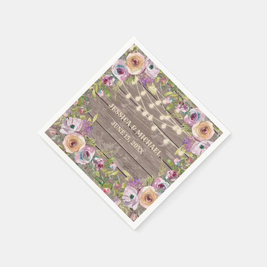Paarse Floral Rustic Wood String Light Wedding Servet (Hoek)