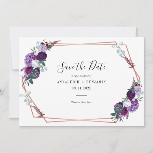 Paarse Floral Script Geometric Modern Wedding Save The Date (Voorkant)