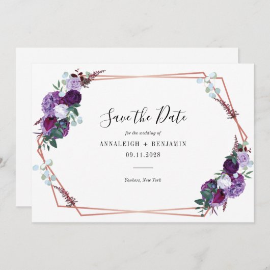 Paarse Floral Script Geometric Modern Wedding Save The Date (Voorkant / Achterkant)