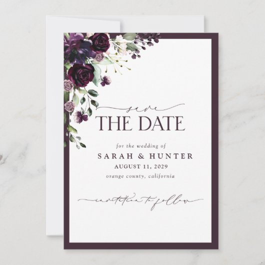 Paarse Floral Script Photo Weddenschap Save the Da Date (Voorkant)