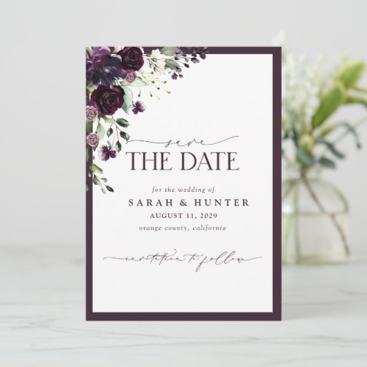 Paarse Floral Script Photo Weddenschap Save the Da Save The Date (Staand voorkant)