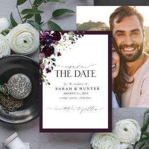 Paarse Floral Script Photo Weddenschap Save the Da Save The Date