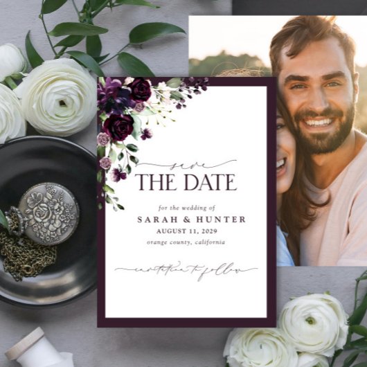 Paarse Floral Script Photo Weddenschap Save the Da Save The Date