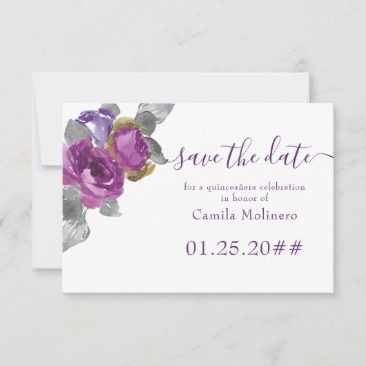 Paarse Floral Script Quinceanera sparen de datum Save The Date (Voorkant)