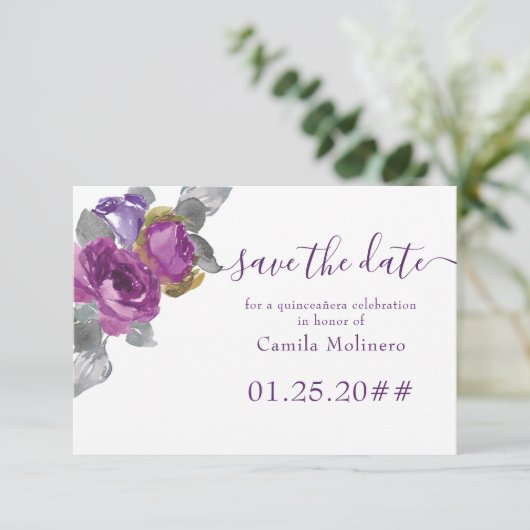 Paarse Floral Script Quinceanera sparen de datum Save The Date (Staand voorkant)