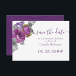 Paarse Floral Script Quinceanera sparen de datum Save The Date<br><div class="desc">Prachtige Paars Save the Date, die je voor elke gelegenheid kunt personaliseren, met blokjes waterverf rozen en bloemen. Het ontwerp is voorzien van elegant handschrift en paarse en magenta florale voorzieningen met grijze groene bladeren en bladeren. Sparen de datum wordt geletterd in feminine handgeschreven manuscript. Blader door het Paarse collectie...</div>
