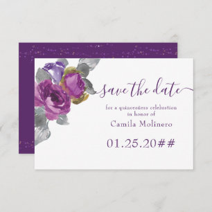 Paarse Floral Script Quinceanera sparen de datum Save The Date