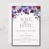 Paarse Floral Script Wedding Sla de datum op Kaart (Voorkant)