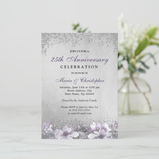 Paarse Floral Silver 25th Wedding Jubileum Kaart (Staand voorkant)