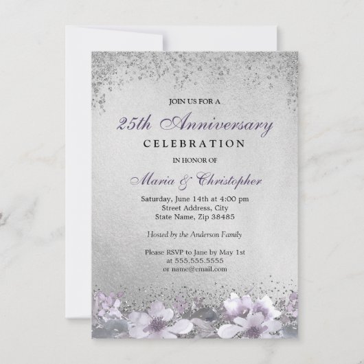Paarse Floral Silver 25th Wedding Jubileum Kaart (Voorkant)
