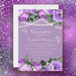 Paarse Floral Silver Butterflies Quinceañera Kaart