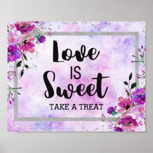 Paarse Floral & Silver Confetti Love is Sweet Poster
